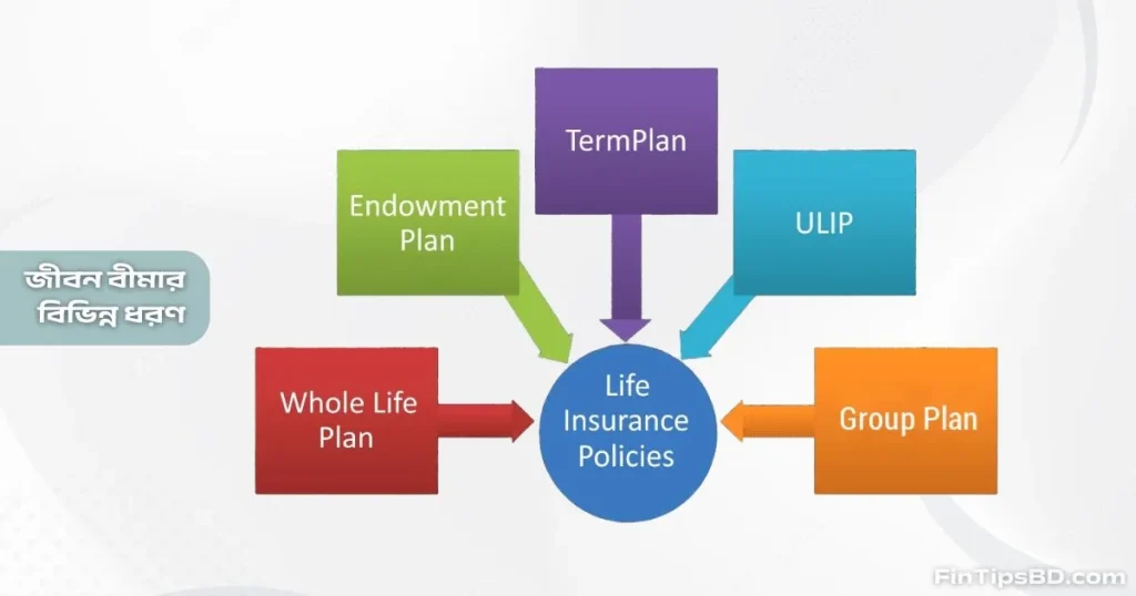 একটি তুলনামূলক চার্ট, যেখানে টার্ম লাইফ, হোল লাইফ, এন্ডাওমেন্ট, ইউনিট-লিঙ্কড এবং গ্রুপ লাইফ ইন্স্যুরেন্সের মূল পার্থক্য দেখানো হয়েছে।