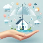 একটি ছোট ঘরকে একটি বড় স্বচ্ছ ছাতা দিয়ে রক্ষা করা হচ্ছে, চারপাশে জলবায়ুর নানা ঝুঁকি যেমন বৃষ্টি, রোদ, বন্যা ও ঝড়। এটি জলবায়ু বীমার প্রতীকী চিত্র।