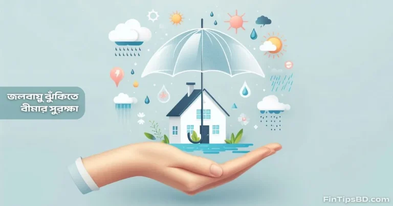 একটি ছোট ঘরকে একটি বড় স্বচ্ছ ছাতা দিয়ে রক্ষা করা হচ্ছে, চারপাশে জলবায়ুর নানা ঝুঁকি যেমন বৃষ্টি, রোদ, বন্যা ও ঝড়। এটি জলবায়ু বীমার প্রতীকী চিত্র।