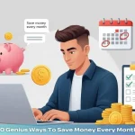 Vector illustration of a person managing monthly finances with money-saving icons on a light matte gray 3D background, representing how to save money every month.