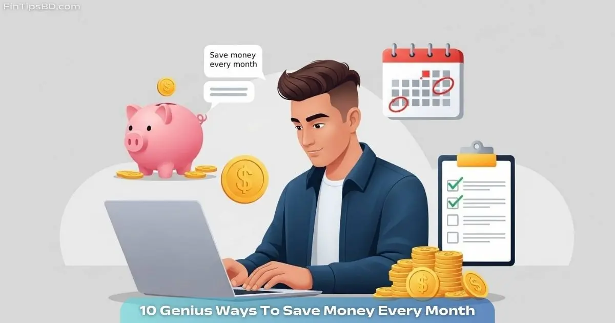 Vector illustration of a person managing monthly finances with money-saving icons on a light matte gray 3D background, representing how to save money every month.