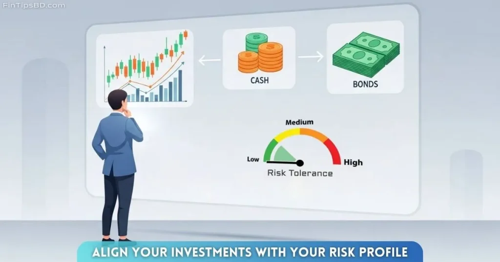 Vector art of an investor reviewing a balanced mix of stocks, bonds, and cash aligned with personal risk tolerance, set against a light matte gray 3D background.