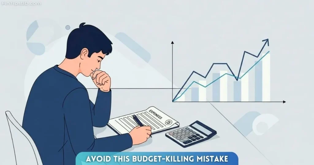 Vector art of a person budgeting with real numbers using a calculator, paper, and charts — symbolizing how to avoid common budgeting mistakes, with a light matte gray 3D background.