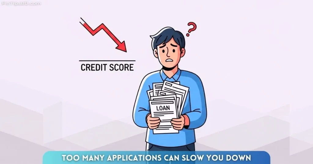 A confused borrower holding multiple loan applications with a dropping credit score icon above – vector art on light matte gray 3D background, showing how applying to too many lenders can hurt chances to get approved for a loan faster.