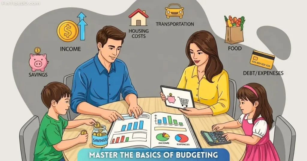 Vector illustration of a family managing expenses, savings, and income with charts and lists — representing the basics of budgeting, on a light matte gray 3D background.