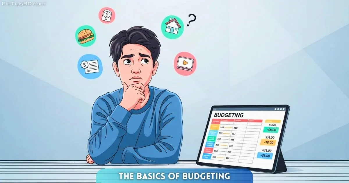 Vector illustration showing a confused beginner trying to create a budget, highlighting the basics of budgeting. Floating icons represent expenses like rent, food, and subscriptions. A tablet displays a budget template. Light matte gray 3D background.