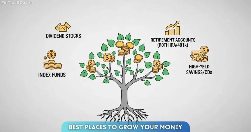 Vector illustration showing four compound interest investment options — index funds, dividend stocks, retirement accounts, and high-yield savings — growing like branches of a money tree on a light matte gray 3D background.