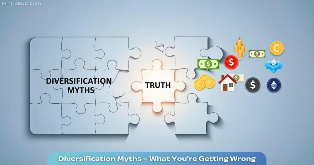 Vector illustration showing harmful diversification myths breaking apart to reveal the truth, set against a matte light gray 3D background with financial icons.
