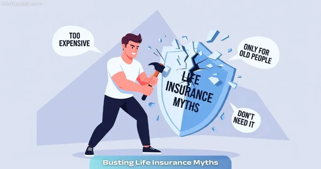 A confident person breaking a cracked shield labeled “Life Insurance Myths” with a hammer, shattering common myth bubbles, in vector art style on a light matte gray 3D background.