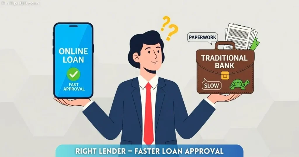 A person comparing fast online loan approval with slow traditional bank processing – vector art with light matte gray 3D background, illustrating how picking the right loan and lender helps get approved for a loan faster.