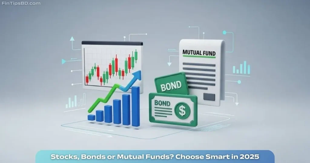3D illustration showing stock charts, mutual fund documents, and bond icons on a matte gray background, representing investment choices in 2025.