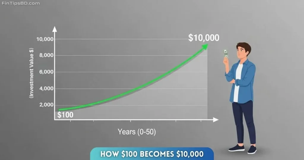Vector art of a $100 bill growing into over $10,000 on a compound interest graph, with a young person standing beside it, set against a light matte gray 3D background.