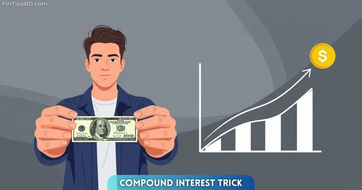 A young person holding 100 USD with a growing financial chart beside them showing the power of compound interest over time, on a light matte gray 3D background.