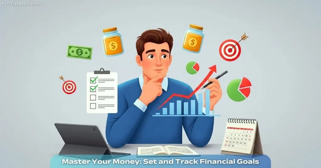 Person tracking financial goals with charts, checklist, and savings icons on a light gray background.