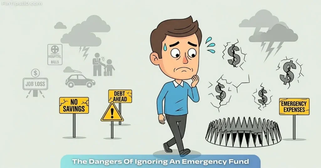 Vector art showing a person unknowingly walking toward financial danger, surrounded by warning signs and crisis icons like medical bills and car repairs — illustrating The Dangers of Ignoring an Emergency Fund.