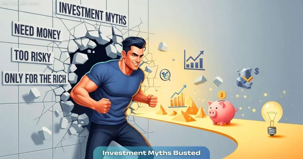 A confident person breaking through a wall of investment myths, revealing financial opportunities like charts and piggy banks, on a light matte gray 3D background.