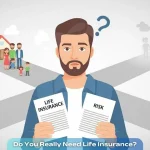 A puzzled young person holding life insurance and risk documents, standing at a forked path showing a secure family on one side and uncertainty on the other, in vector art style with a light gray 3D background.