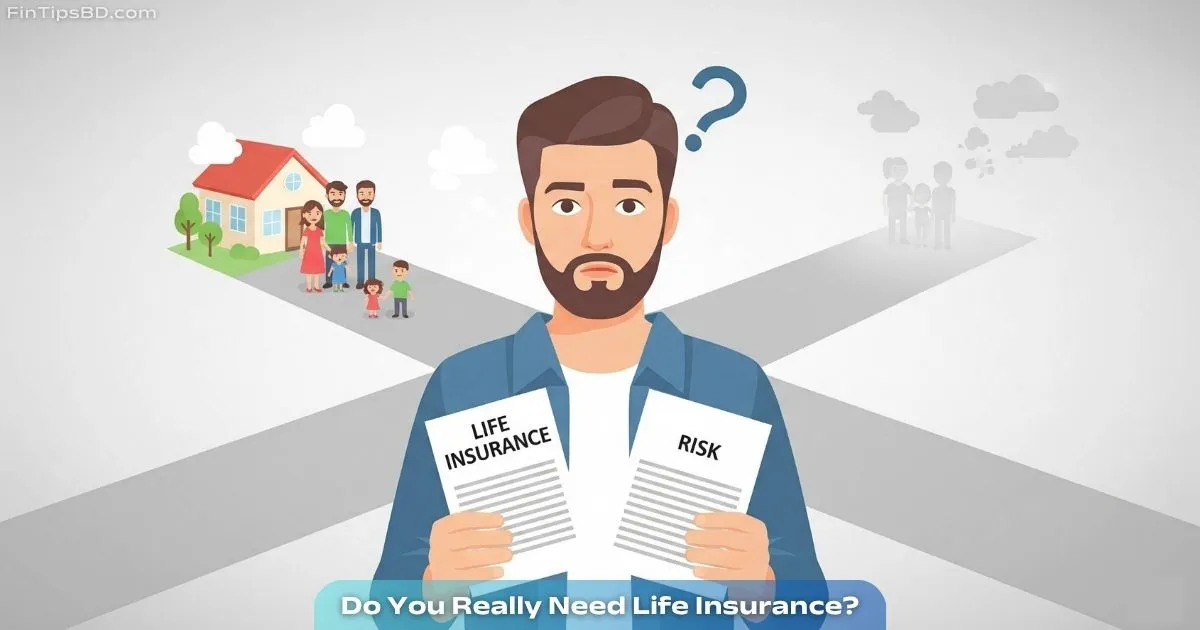 A puzzled young person holding life insurance and risk documents, standing at a forked path showing a secure family on one side and uncertainty on the other, in vector art style with a light gray 3D background.