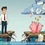 A vector illustration of a worried person standing on a collapsing financial bridge surrounded by symbols of unexpected expenses like medical bills, job loss, and car repairs — highlighting the danger of not having an emergency fund.