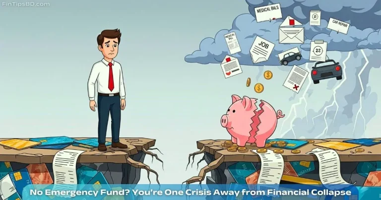 A vector illustration of a worried person standing on a collapsing financial bridge surrounded by symbols of unexpected expenses like medical bills, job loss, and car repairs — highlighting the danger of not having an emergency fund.