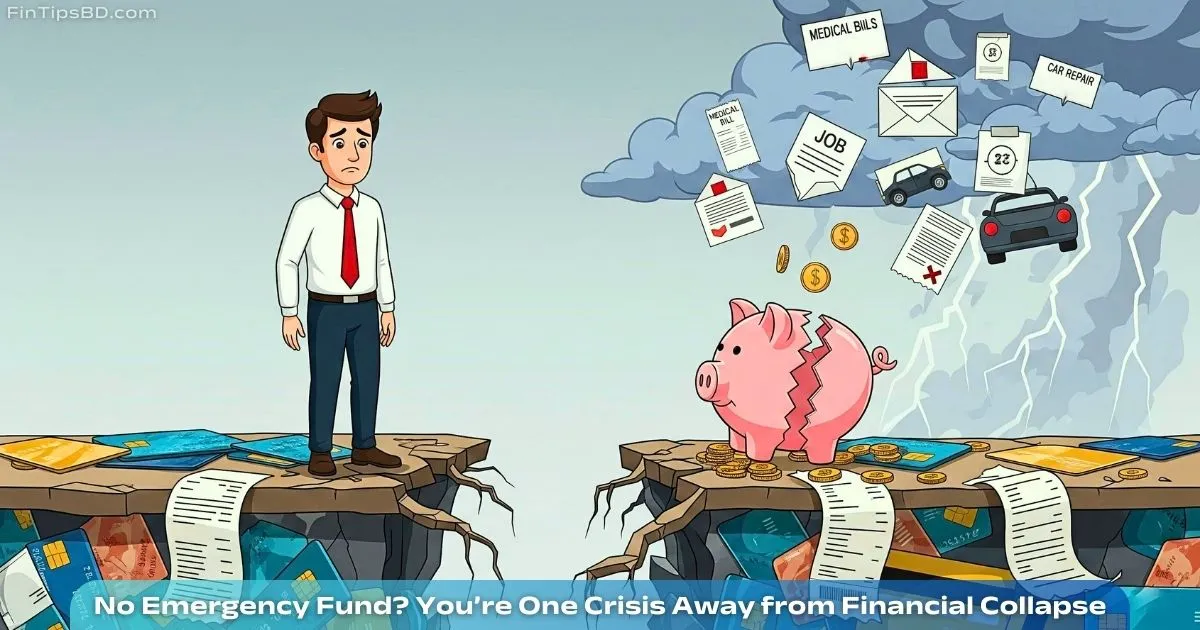 A vector illustration of a worried person standing on a collapsing financial bridge surrounded by symbols of unexpected expenses like medical bills, job loss, and car repairs — highlighting the danger of not having an emergency fund.