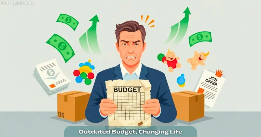 Frustrated person holding an outdated budget surrounded by symbols of life changes like bills, baby items, and job offers.