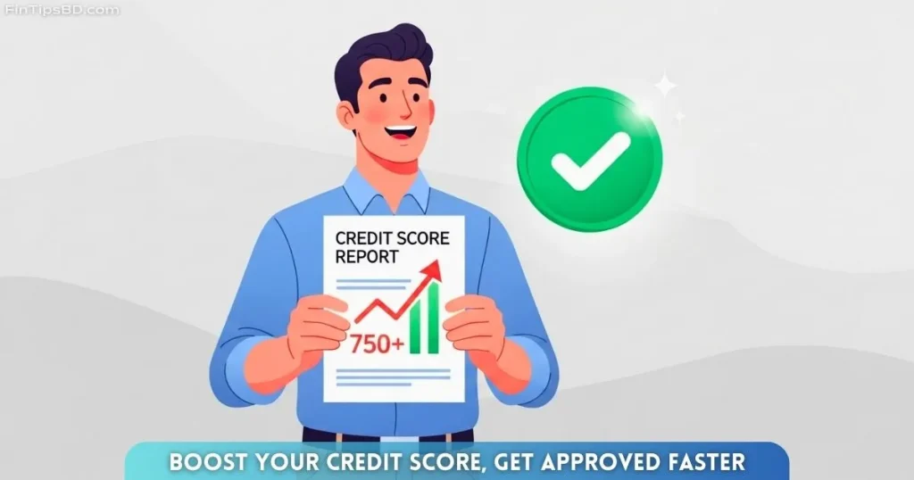 A person happily holding an improved credit score report, symbolizing how improving credit score helps get approved for a loan faster – vector art with light matte gray 3D background.