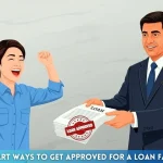 A happy borrower receiving loan approval documents from a banker – vector art with a light matte gray 3D background, representing how to get approved for a loan faster.
