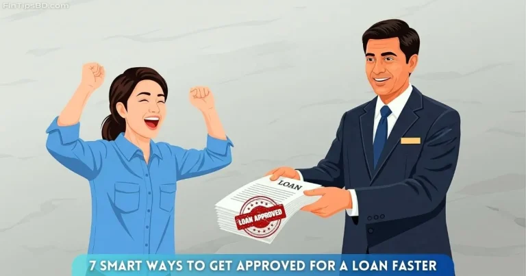 A happy borrower receiving loan approval documents from a banker – vector art with a light matte gray 3D background, representing how to get approved for a loan faster.