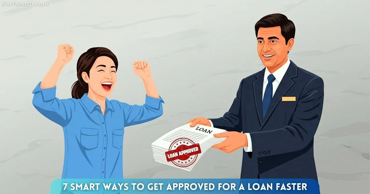 A happy borrower receiving loan approval documents from a banker – vector art with a light matte gray 3D background, representing how to get approved for a loan faster.