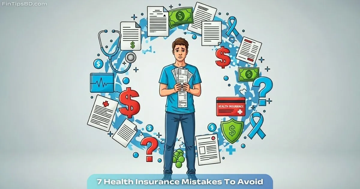 Vector illustration of a confused young man holding medical bills, surrounded by health insurance symbols like stethoscope, documents, question marks, and dollar signs — on a soft matte gray 3D background.