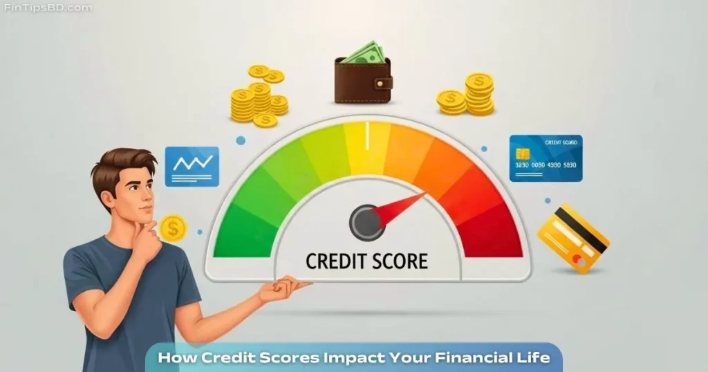 A modern vector illustration showing a credit score gauge, credit card, digital wallet, and coins, with a person thoughtfully looking at the score. The background is light matte gray with a clean, 3D-style layout.