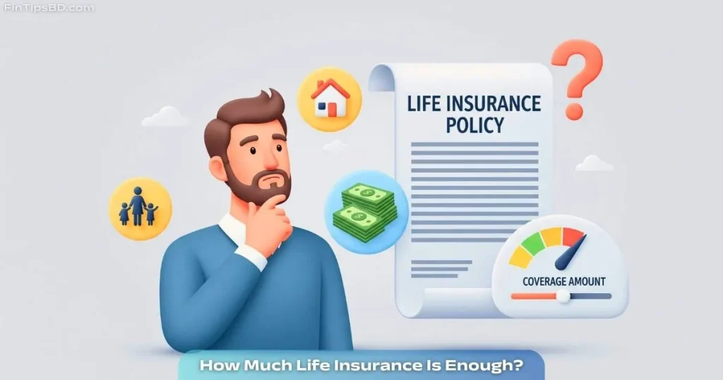 Vector art showing a person considering life insurance coverage amount with icons of family, house, and money on a light matte gray 3D background.