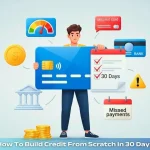Vector illustration showing how to build credit from scratch in 30 days, with a person holding a credit card, a 30-day calendar, and icons for financial tools and common mistakes, set on a light matte gray 3D background.