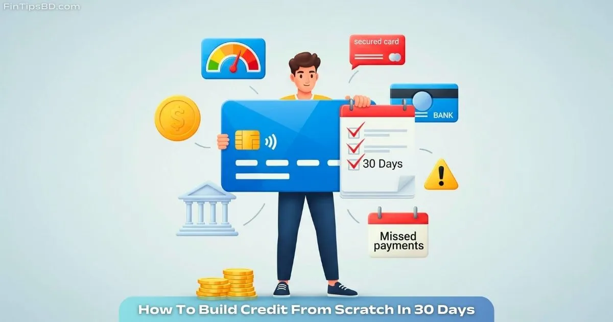 Vector illustration showing how to build credit from scratch in 30 days, with a person holding a credit card, a 30-day calendar, and icons for financial tools and common mistakes, set on a light matte gray 3D background.