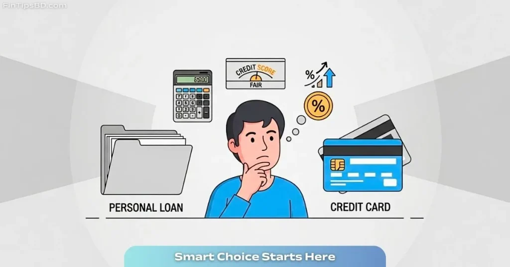 Vector art of a thoughtful person comparing personal loan vs credit card options, with calculator, credit score meter, and interest icons, on a light matte gray 3D background.