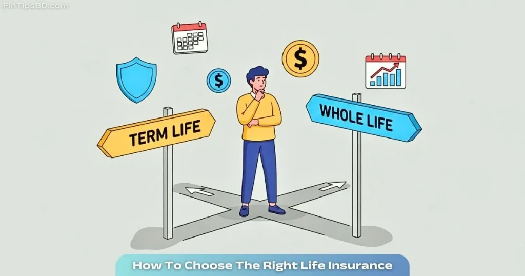 Vector illustration for "How to Choose the Right Life Insurance for You" showing a person at a crossroads between Term Life and Whole Life, with insurance-related icons on a matte gray 3D background.