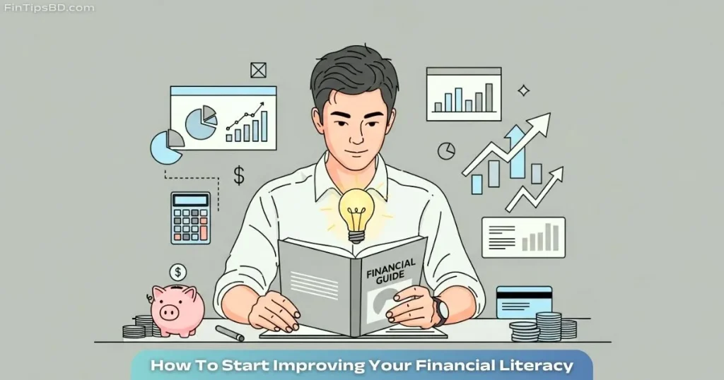 An illustration representing “How to Start Improving Your Financial Literacy,” showing a young adult reading a financial book at a desk, surrounded by a piggy bank, calculator, credit card, and upward arrows—symbols of growing money knowledge.