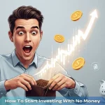 A surprised young person holding an empty wallet, with a glowing rising stock chart and floating golden coins behind, symbolizing how to start investing no money, all set against a matte gray 3D-style background with subtle finance icons.
