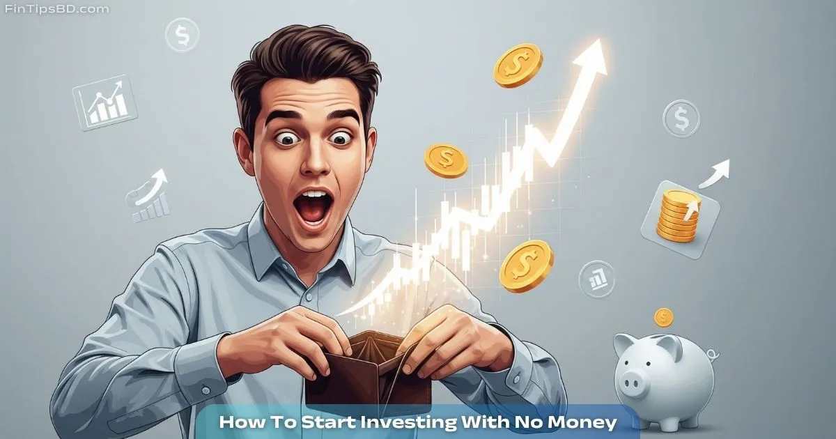 A surprised young person holding an empty wallet, with a glowing rising stock chart and floating golden coins behind, symbolizing how to start investing no money, all set against a matte gray 3D-style background with subtle finance icons.