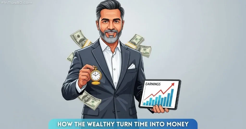 Vector art of a successful middle-aged person with a clock, upward earnings graph, and money symbols, representing how wealthy people use time, passive income, and investments to build wealth—set on a light matte gray 3D background.