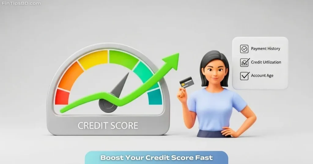 Vector illustration of a person improving their credit score with a credit card, checklist, and rising score gauge on a light matte gray 3D background.