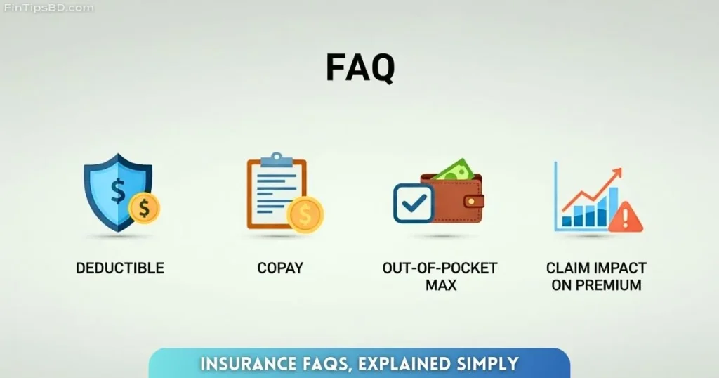 Illustrated FAQ graphic explaining common insurance terms: deductible, copay, coinsurance, and premiums—with labeled icons on a matte gray background.