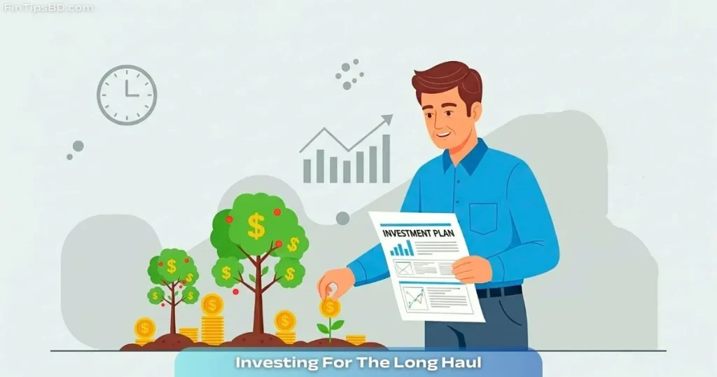 Illustration of an investor planting coins that grow into money trees, symbolizing long-term financial growth.