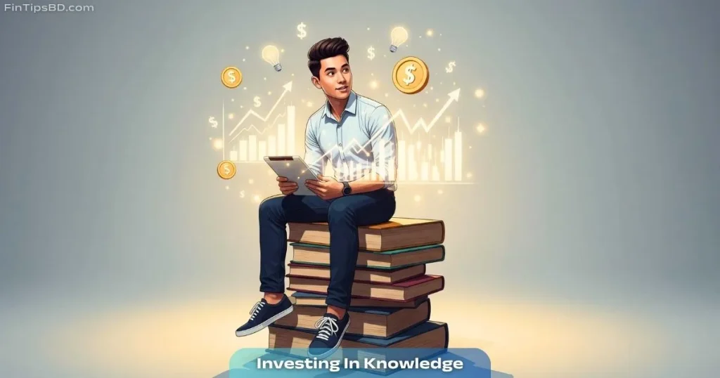 A young person investing in knowledge by studying books and financial concepts, surrounded by icons like dollar signs, charts, and ideas, on a light matte gray background.