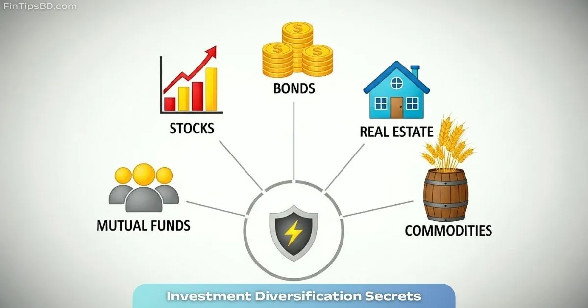 Vector illustration showing investment diversification with icons of stocks, bonds, real estate, commodities and mutual funds, surrounding a cracked shield symbolizing a critical mistake—on a light matte gray 3D background.