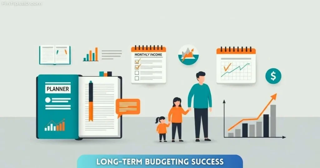 Vector illustration of a person or family using planning tools like checklists, graphs, and calendars to maintain long-term budgeting success, with a light matte gray 3D background.