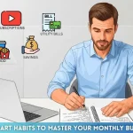 Vector illustration of a person managing monthly expenses at a desk with a laptop, notebook, and calculator, surrounded by icons for rent, food, bills, subscriptions, and savings. Light matte gray 3D background.