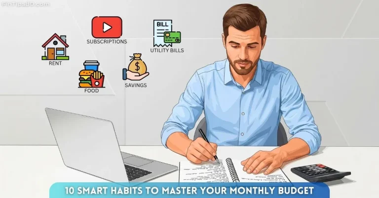 Vector illustration of a person managing monthly expenses at a desk with a laptop, notebook, and calculator, surrounded by icons for rent, food, bills, subscriptions, and savings. Light matte gray 3D background.