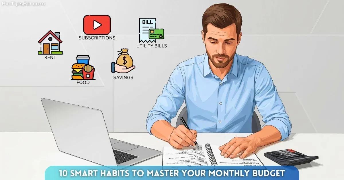 Vector illustration of a person managing monthly expenses at a desk with a laptop, notebook, and calculator, surrounded by icons for rent, food, bills, subscriptions, and savings. Light matte gray 3D background.